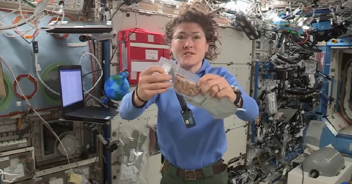 Imaginea surprinde o femeie astronaut la bordul unei navete spațiale, prezentând un pachet cu hrană vidată, lângă echipamente tehnice și cabluri.