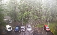 Imaginea prezintă o ploaie torențială densă căzând peste mașini într-o parcare mărginită de copaci.