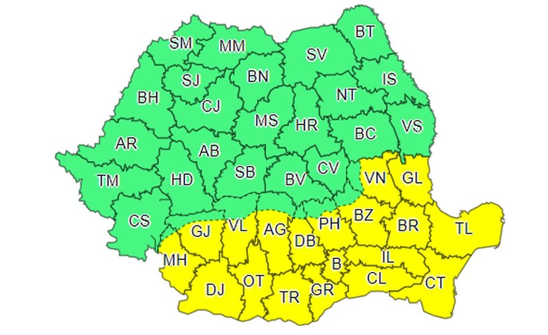 Zonele aflate sub cod galben de caniculă, pe 8 și 9 august