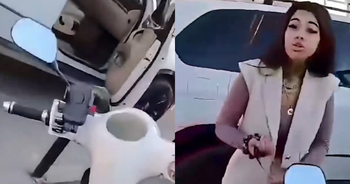 Un cola cu două imagini de la locul incidentului din Popești-Leordeni. În fotografia din stânga se vede o parte din motocicleta albă a livratorului și ușa de la pasager a mașinii în care se afla tânăra. În imaginea din dreapta este tânăra care ține în mână cablul de telefon cu care îl lovește pe livrator