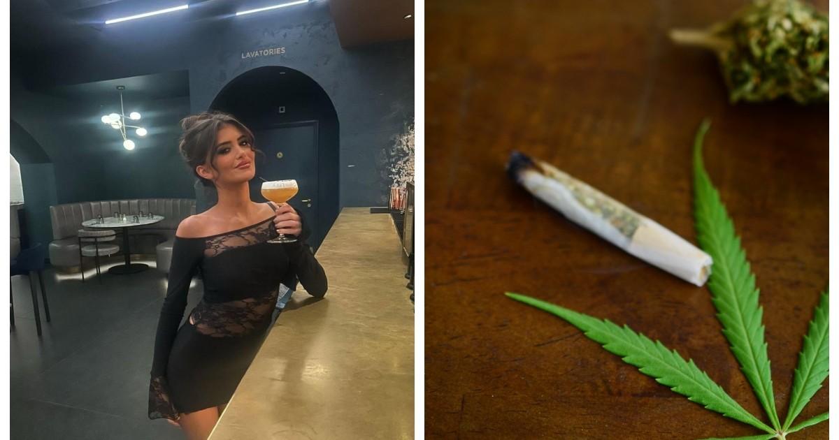 Un colaj realizat din 2 fotografii : cea din stînga cu Ellie Crampsie într-o rochie neagră savurând un pahar de băutură iar cea din dreapta cu o țigare de canabis.