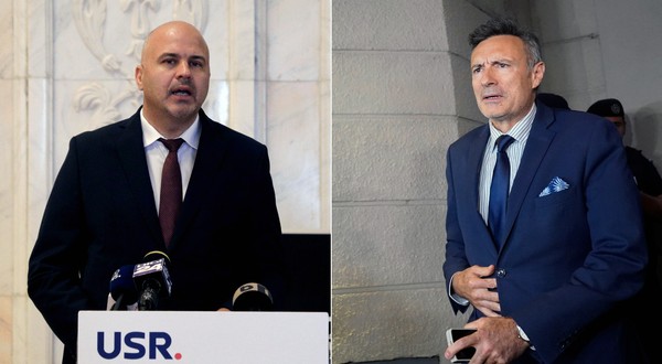Un colaj cu doi politicieni, in stanga un barbat in costum negru vorbeste la un microfon, in dreapta un barbat in costum albastru iese de la DNA