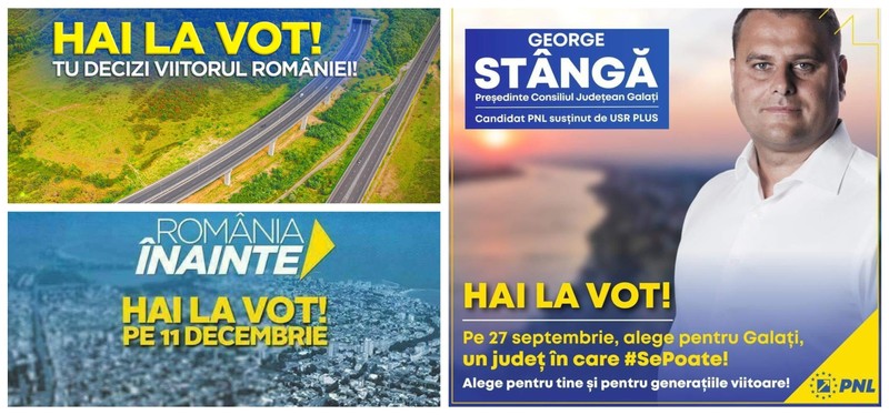 Mesajul președintelui (stânga sus) are același font cu cel folosit de PNL în campaniile electorale din 2016 (stânga jos) și locale 2020 (dreapta)