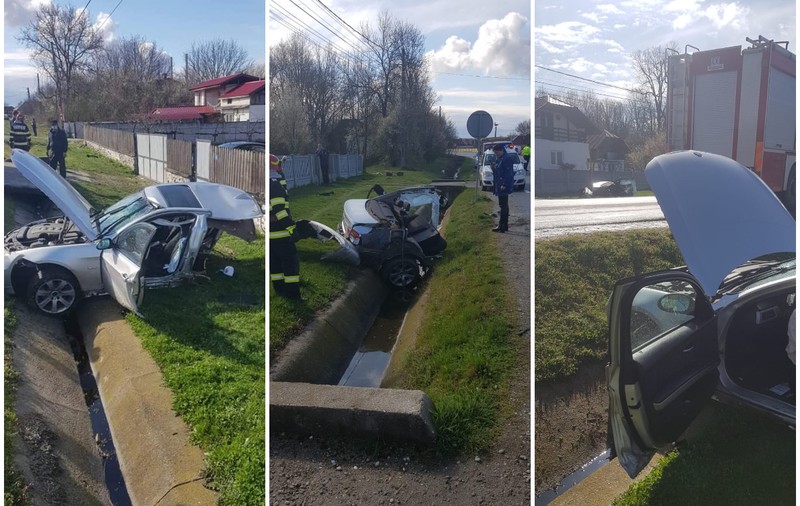 BMW rupt în două, în Gorj, jumătate de mașină a zburat peste drum