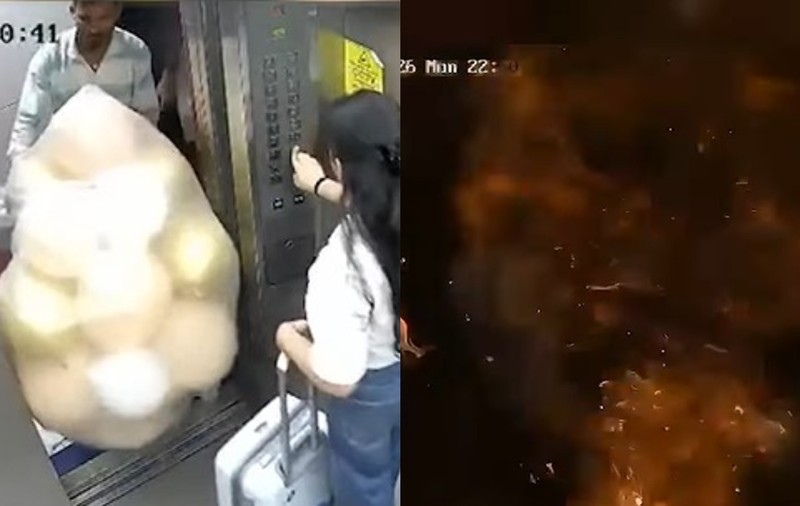Momentul în care o duzină de baloane cu hidrogen au explodat și au luat foc într-un lift. O femeie a fost rănită