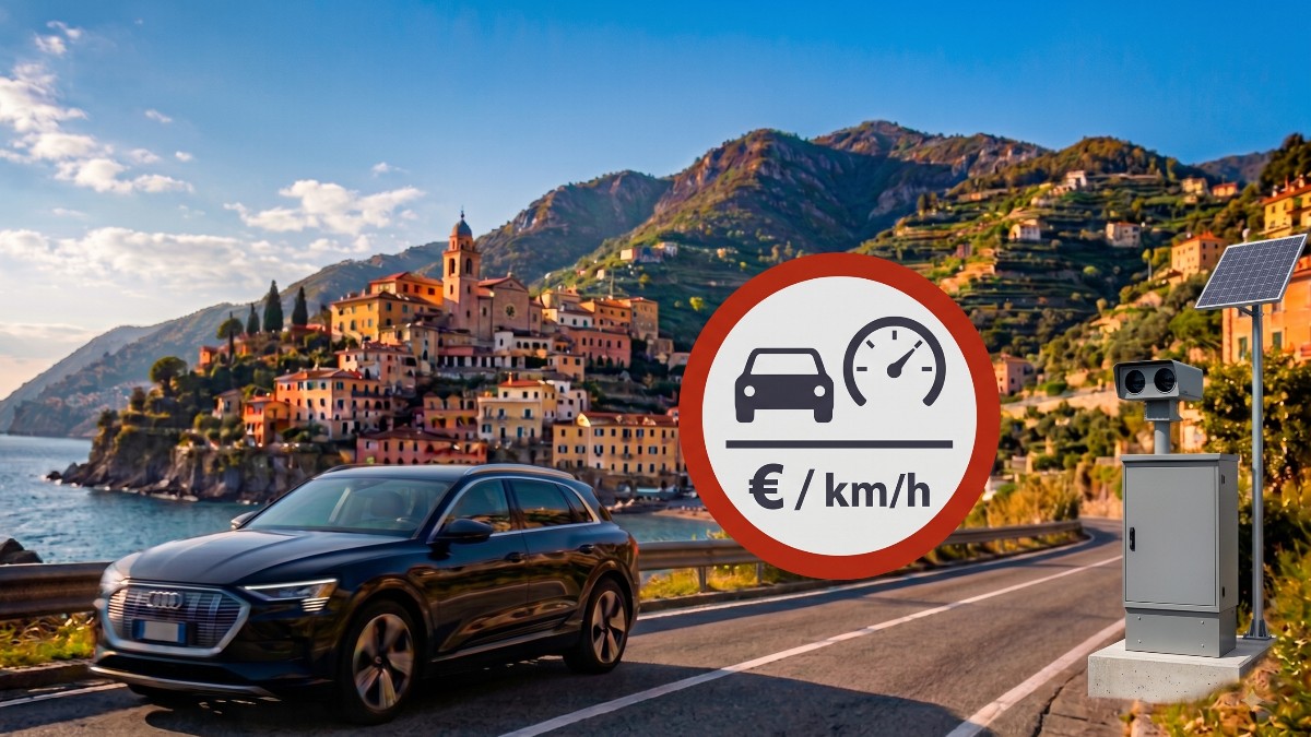 Imaginea prezintă un autoturism Audi care rulează pe o șosea de pe o coastă pitorească din Italia, fiind suprapuse grafic un radar fix cu panou solar și un semn rutier ce simbolizează amenzile pentru depășirea vitezei.