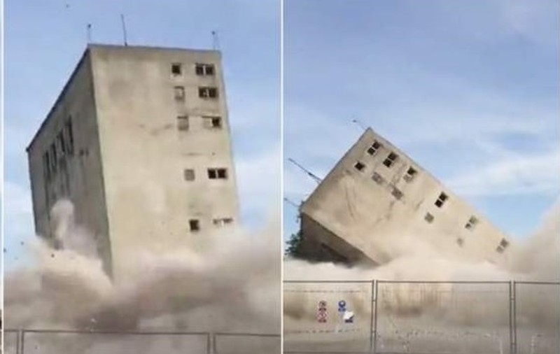 Explozie spectaculoasă în Bihor. A fost detonată cea mai înaltă clădire din Oșorhei