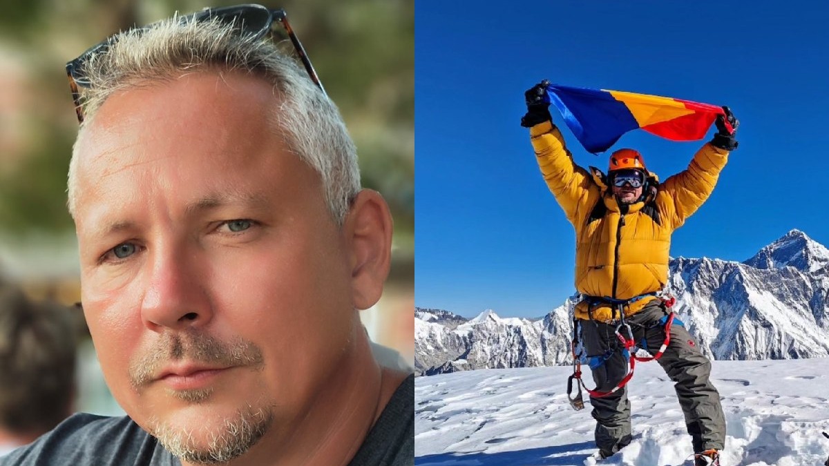 Zsolt Vago, cameraman ProTV, în stânga. Un bărbat îmbrăcat în geacă galbenă și care ține un steag al României în mâini, pe munte.