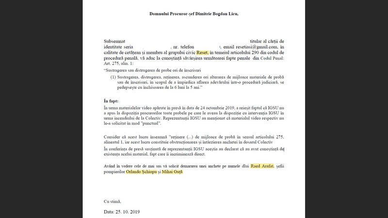 Plângerea penlă trimisă procurorului general Bogdan Licu