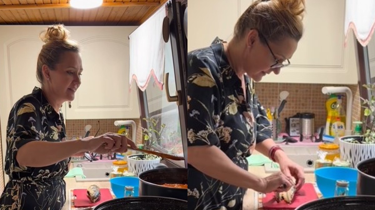 Un colaj cu două fotografii în care apare Elena Lasconi în timp ce face zacuscă de pește