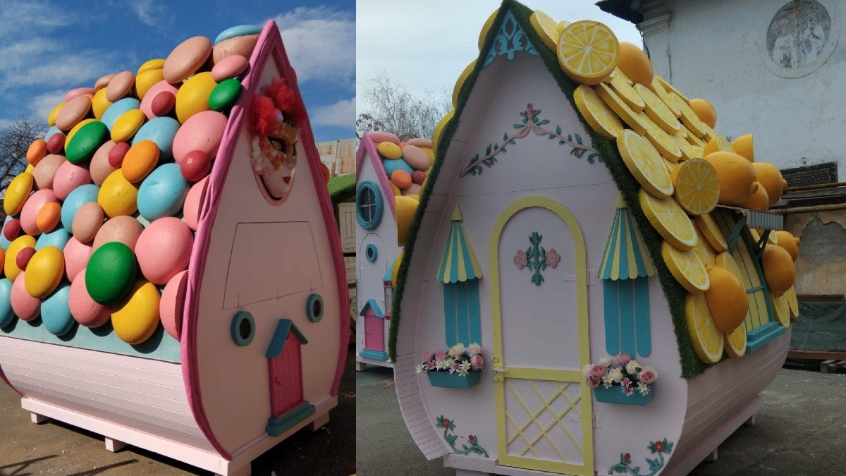 Căsuțe colorate, decorate cu bomboane uriașe și felii de lămâie supradimensionate
