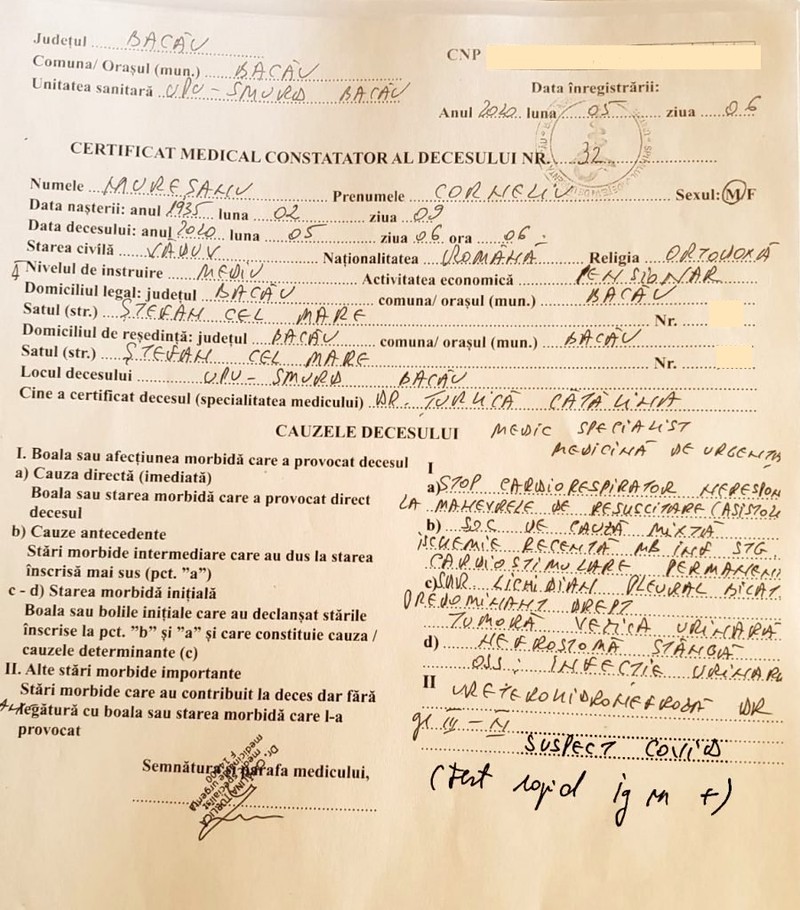 Certificatul de deces al lui Corneliu Mureșanu