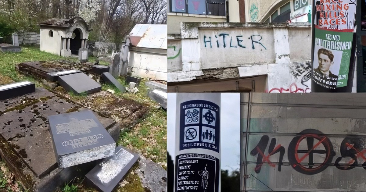 Un colaj cu doua fotogrfii. In stanga un mormant vandalizat, in dreapta afise si poze antisemite