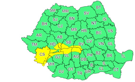 Județele vizate de codul galben de vânt, în intervalul 22 noiembrie, ora 15:00 - 23 noiembrie, ora 10:00.