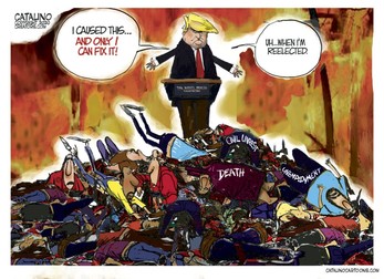Site-ul american usnews.com a publicat o caricatură cu Donald Trump adresându-se alegătorilor, în fața lui fiind înfățișate lucrurile negative existente în Statele Unite: ”Eu am provocat toate astea și numai eu pot să le repar... Când voi fi reales".