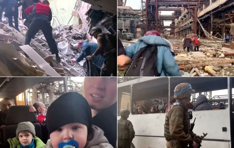 Primele imagini cu evacuările de la Azovstal. Femei, bătrâni și copii au fost scoși din subsolul uzinei distruse de rachete