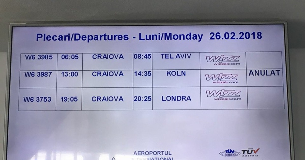 Cursă Wizz Air Craiova - Koln anulată, după ce avionul nu a reușit să aterizeze din cauza vântului puternic