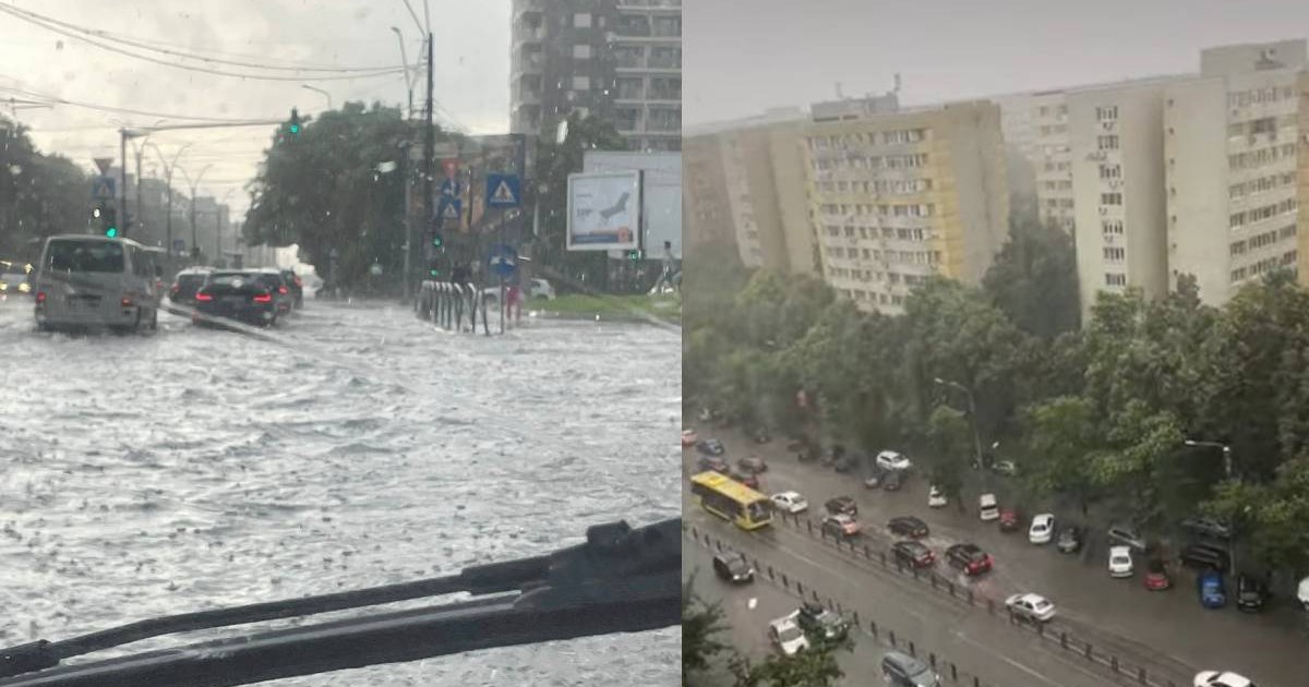 Intersecția de la Mall Plaza România inundată complet și Șoseaua Colentina inundată, mașinile circulând cu dificultate.