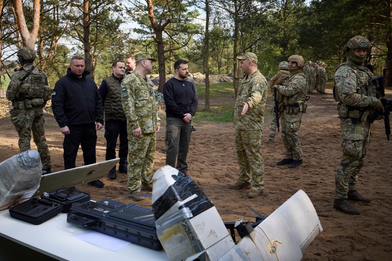 epa10580328 A handout photo made available by Ukraine's Presidential Press Service shows Ukraine's President Volodymyr Zelensky (C) meeting with Ukrainian servicemen during a working visit to the Volyn region, North-Western Ukraine, 19 April 2023, amid the Russian invasion. Zelensky visited the area where Ukraine borders both Poland and Belarus. Russian troops entered Ukrainian territory in February 2022, starting a conflict that has provoked destruction and a humanitarian crisis. EPA-EFE/PRESIDENTIAL PRESS SERVICE HANDOUT HANDOUT HANDOUT HANDOUT EDITORIAL USE ONLY/NO SALES