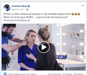 Pe 5 martie 2017, Andreea Esca a postat pe Facebook o reclamă la Nivea, nemarcată drept conținut publicitar