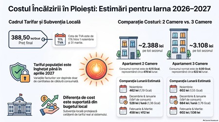 Costul încălzirii în Ploiești 2026–2027. Infografic realizat cu ajutorul Inteligenței Artificiale