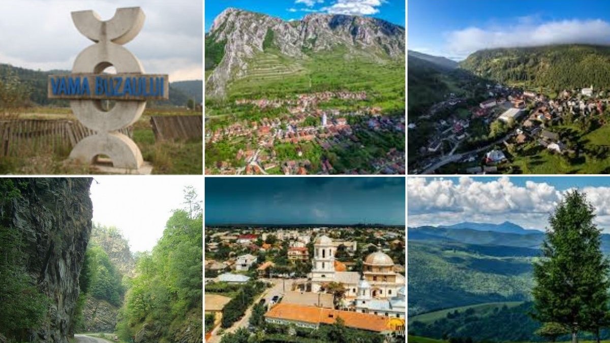 colaj foto format din șase fotografii cu destinații rurale din România: Vama Buzăului – județul Brașov, Rimetea din județul Alba, Jieț din județul Hunedoara, Albac (județul Alba), Jurilovca (județul Tulcea) și Vânători-Neamț (județul Neamț).