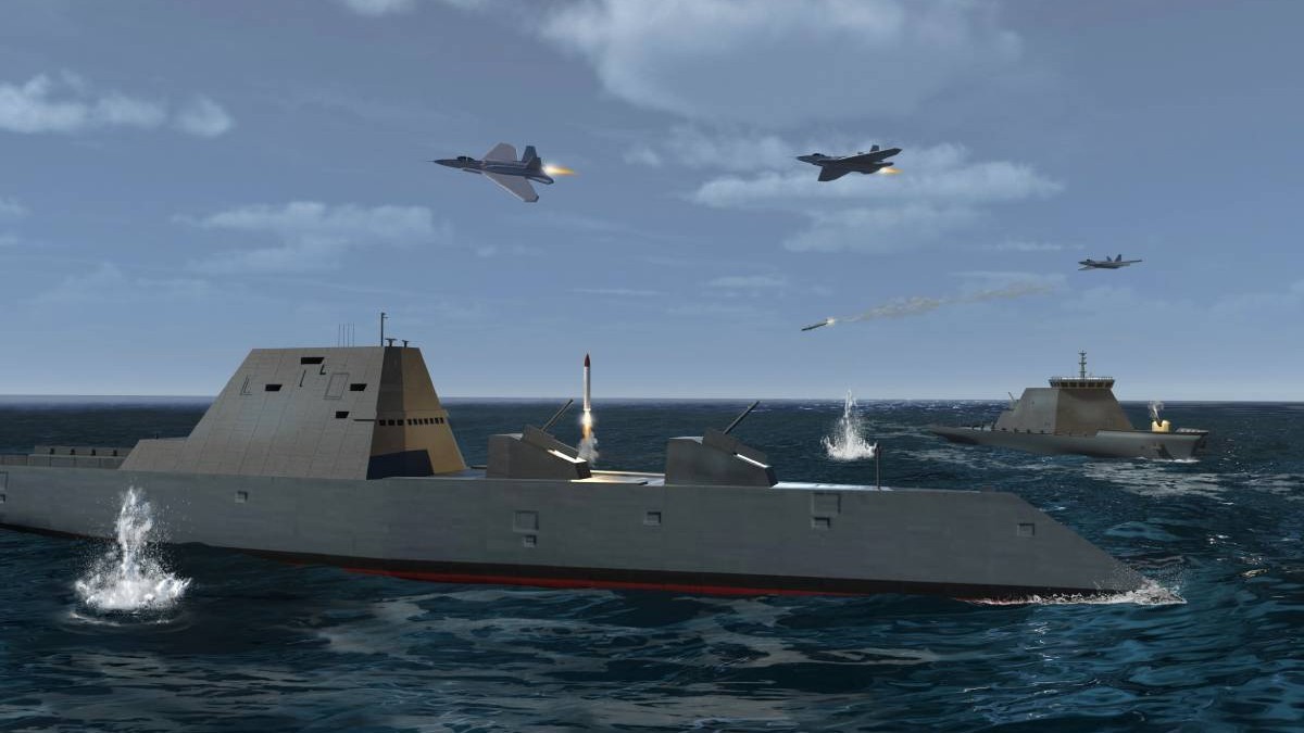 Randare 3D Bătălie navală între nave de luptă și avioane