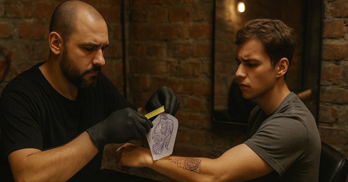 Barbat, tatoo artist, dezlipeste de pe mana clientului macheta tatuajului