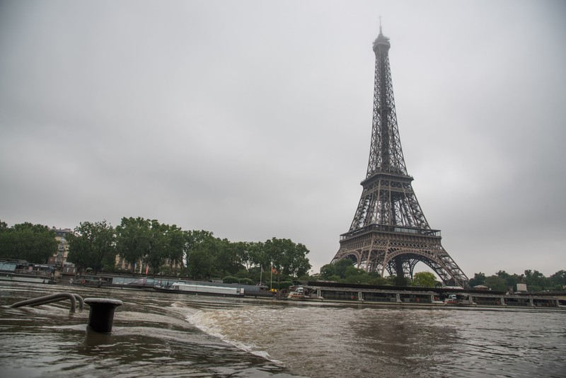After the most ever rainy month of may, the level of Seine River keep on growing on June 1, 2016 in Paris, France. The feet of the Zouave statue on the Pont de l'Alma, considered an indicator of the level of the Seine, are covered by the rising waters. When his feet are under water, emergency flood precautions are taken. Photo by Christophe Geyres/ABACAPRESS.COM