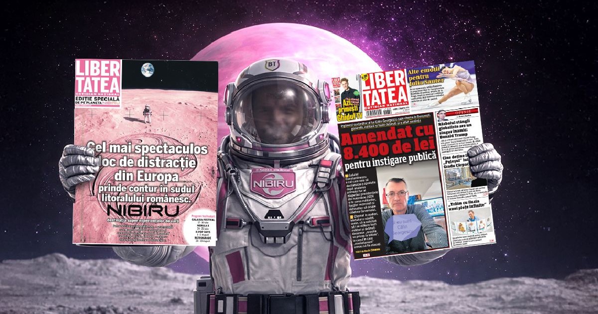 Un astronaut ține în fiecare mână câte un ziar pe print