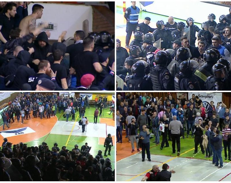 FOTO/ Scene uluitoare la Focșani, înaintea derby-ului Steaua-Dinamo la handbal. Suporterii celor două echipe s-au luat la bătaie, iar jandarmii au intervenit în forță!