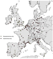 Harta orașelor autonome. Bulinele galbene sunt orașele cu autoguvernare. Foto: Voxeu