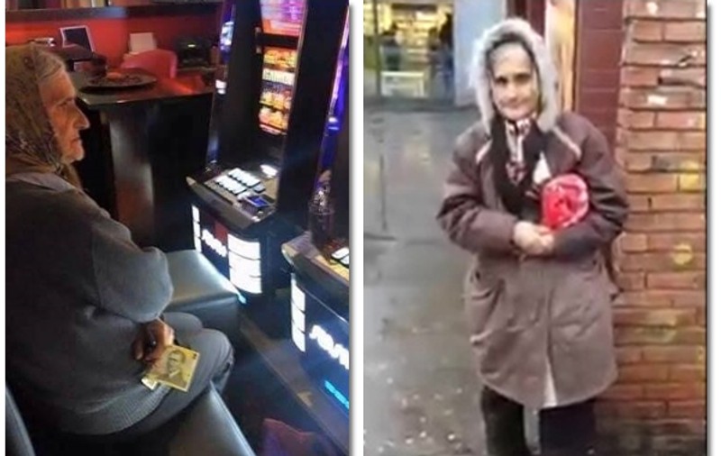 O bătrâna care cerşeşte în Timişoara, surprinsă băgând banii la păcănele şi la cofetărie!