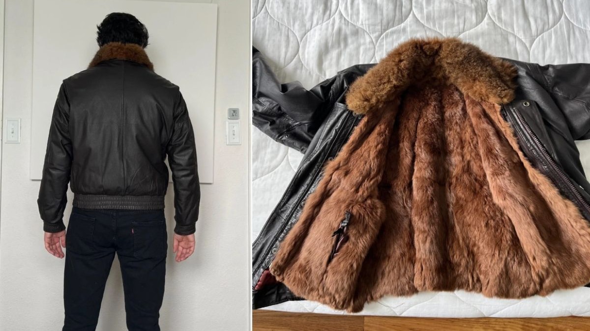 Colaj din două fotografii: în stânga un bărbat, cu spatele, îmbrăcat cu o geacă de piele neagră, iar în stânga geaca de piele, deschisă pe un pat, cu blană maro pe interior