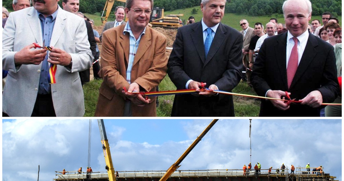 Autostrada Transilvania nu este gata nici la 15 ani de la demararea lucrărilor. Premierul Adrian Năstase la inaugurarea lucrărilor, în 16 iunie 2004. Miistrul Transporturilor Răzvan Cuc la o inspecție pe șantierul Autostrăzii Transilvania în 2019 (jos)