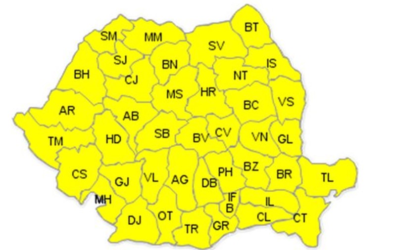 AVERTIZARE COD GALBEN de FURTUNI pentru toată ţară, din această seară până marţi