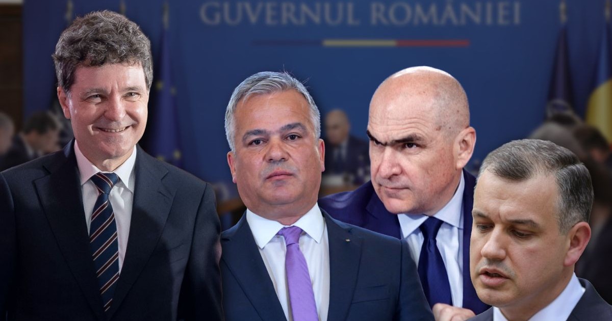Colaj foto cu Nicușor Dan, Adrian Veștea, Ilie Bolojan și Eugen Tomac, pe fundal albastru neutru, toți îmbrăcați în costume, cu cămăși și cravate