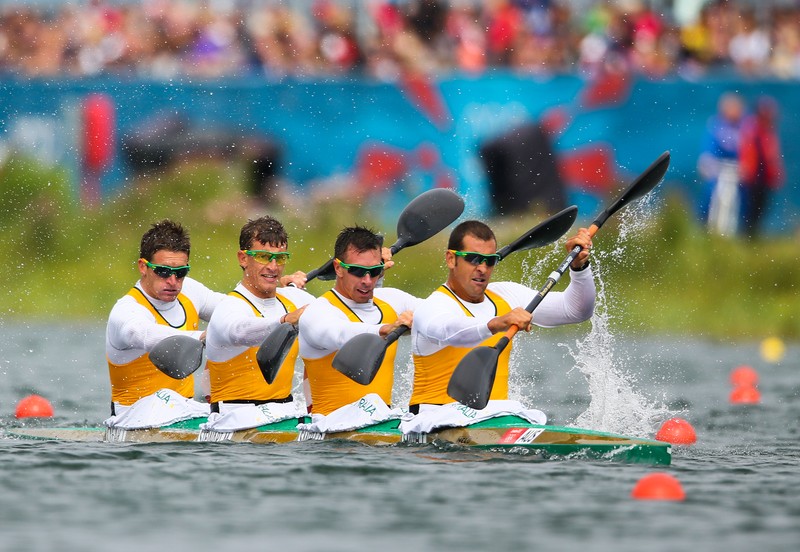 epa03347672 (R-L) Australa's Tate Smith, Dave Smith, Murray Stewart and Jacob Clear compete in the Kayak Four (k4) 1000m Men's Canoe Sprint Semi-final at the London 2012 Olympic Games Canoe Sprint competition at the Eton Dorney rowing centre near the village of Dorney, west of London, Britain, 07 August 2012. EPA/NIC BOTHMA