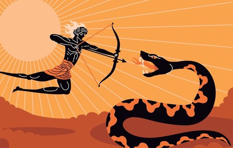 Ilustrație în stil grecesc cu zeul Apollo, care plutește în dreptul Soarelui și țintește cu arcul spre șarpele Python, care scuipă flăcări.