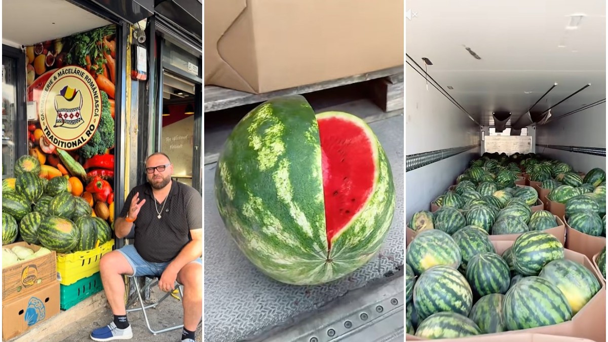 Imaginea este un colaj din trei cadre ce prezintă un bărbat așezat în fața unui magazin românesc, alături de imagini cu pepeni verzi tăiați și un camion plin cu pepeni.