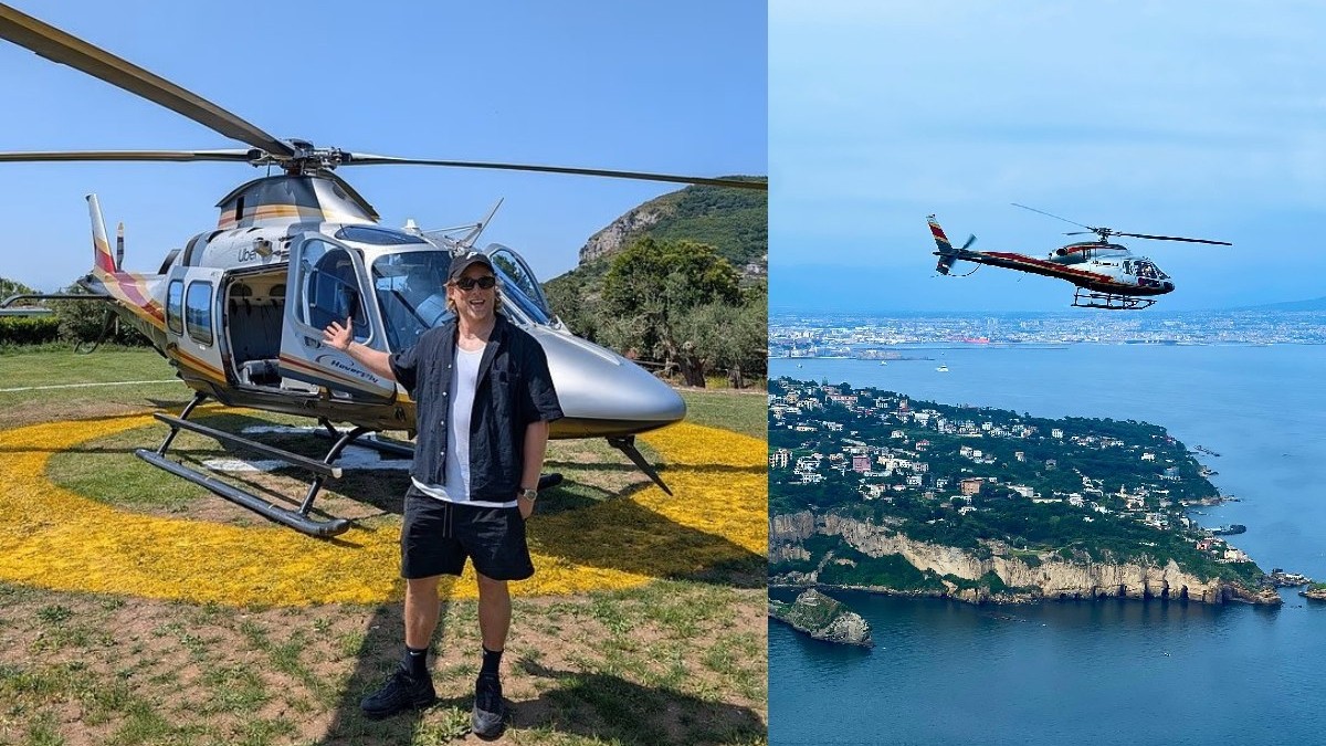 Un bărbat în fața unui elicopter/ Un elicopter în largul mării