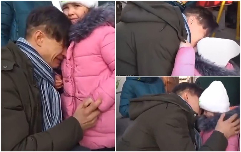 VIDEO | Un tată ucrainean plânge când se desparte de fetița lui, evacuată împreună cu mama ei din Kiev