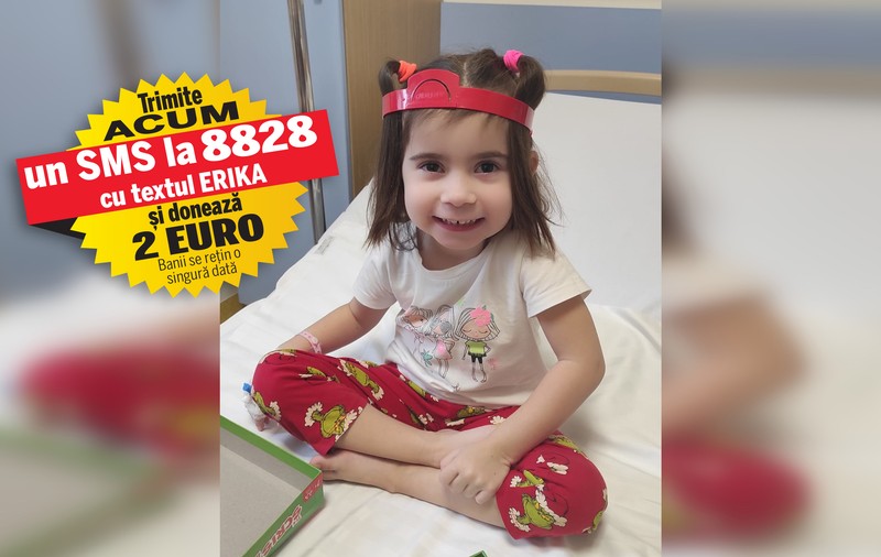 Diagnosticată cu o gravă maladie congenitală, Erika a fost operată la inimă timp de cinci ore. Investigațiile și tratamentele postoperatorii de lungă durată o costă pe fetița suferindă aproximativ 2.500 de lei lunar