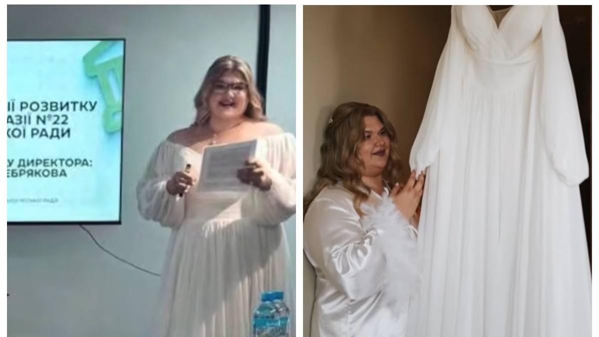 Colaj realizat din 2 capturi video: cu Iulia în fața examninatorilor și cu Iulia lîngă rochia de mireasă.