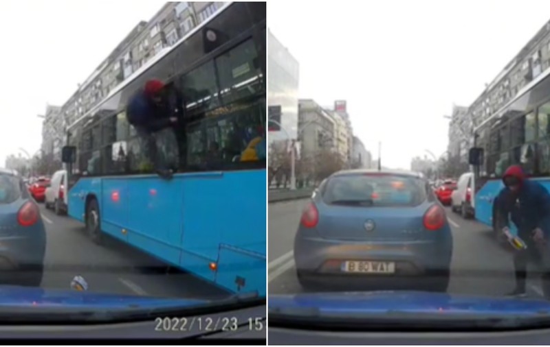 Momentul în care un bărbat sare pe geamul unui autobuz, în centrul Capitalei. Imagini surprinse de un șofer | VIDEO