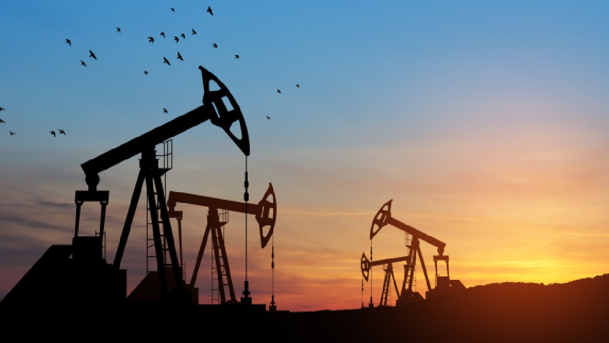 Imaginea prezintă mai multe sonde de petrol aflate în funcțiune pe fundalul unui apus de soare colorat, în timp ce un stol de păsări zboară pe cerul de deasupra lor.