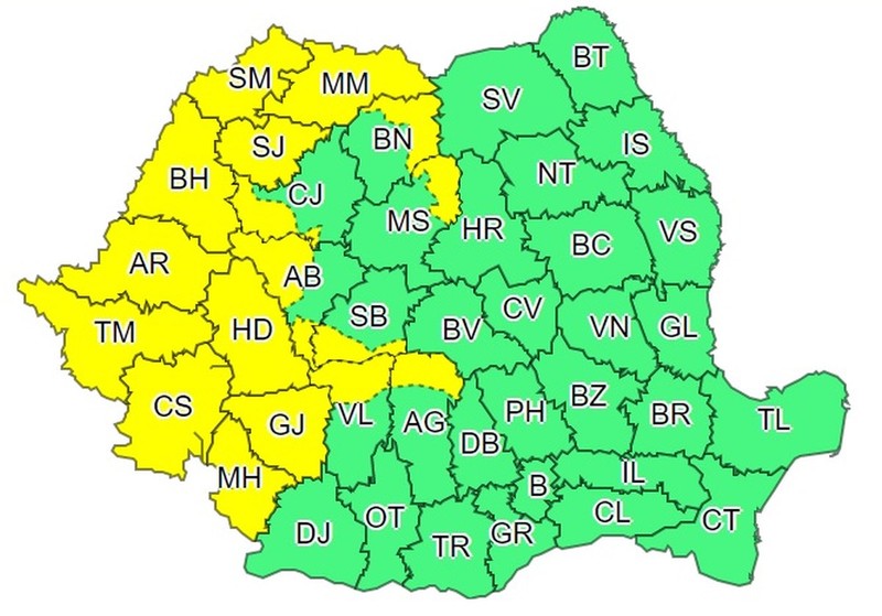 17 județe sunt vizate de codul galben de ploi valabil în perioada 16 decembrie ora 12.00-17 decembrie ora 12.00