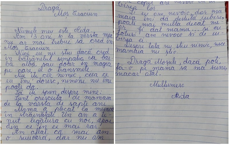 „Dacă poți, fă-o pe mama să mă sune, măcar atât!”, i-a cerut Aida, o fetiță crescută de bunică într-un sat din România, lui Moș Crăciun