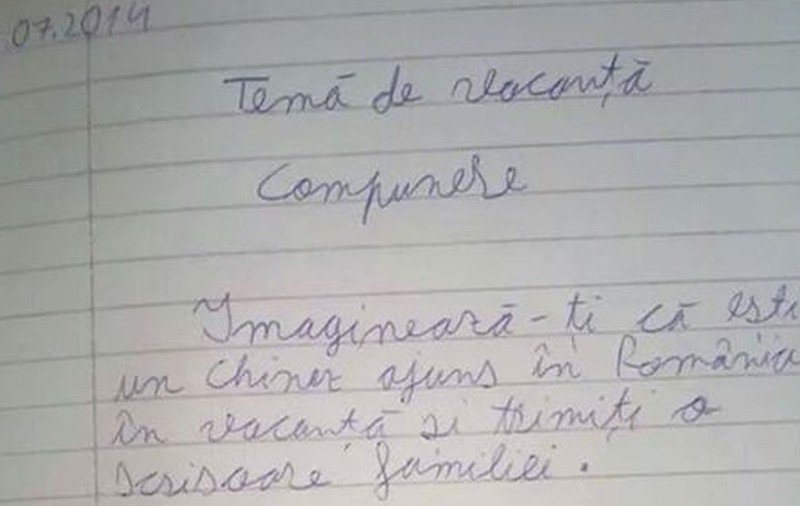 TEMA DE VACANŢĂ a unui PUŞTI A DEVENIT VIRALĂ PE INTERNET: "Imaginează-ţi că eşti un CHINEZ ajuns în ROMÂNIA"! MORI de râs, dacă VEZI CUM A PUTUT SĂ SCRIE TOTUL!