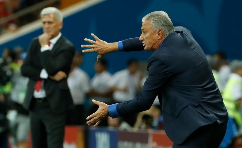 epa06816903 Brazil's coach Tite reacts during the FIFA World Cup 2018 group E preliminary round soccer match between Brazil and Switzerland in Rostov-On-Don, Russia, 17 June 2018. (RESTRICTIONS APPLY: Editorial Use Only, not used in association with any commercial entity - Images must not be used in any form of alert service or push service of any kind including via mobile alert services, downloads to mobile devices or MMS messaging - Images must appear as still images and must not emulate match action video footage - No alteration is made to, and no text or image is superimposed over, any published image which: (a) intentionally obscures or removes a sponsor identification image; or (b) adds or overlays the commercial identification of any third party which is not officially associated with the FIFA World Cup) EPA-EFE/SHAWN THEW EDITORIAL USE ONLY